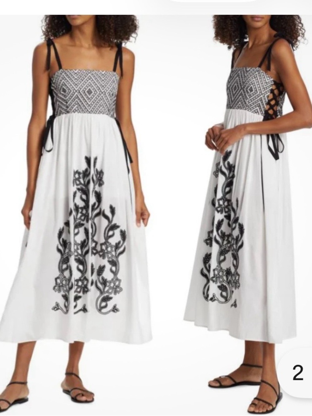 Tanya Taylor Yasmine White Embroidered Lace-up Cotton Midi Dress | 6